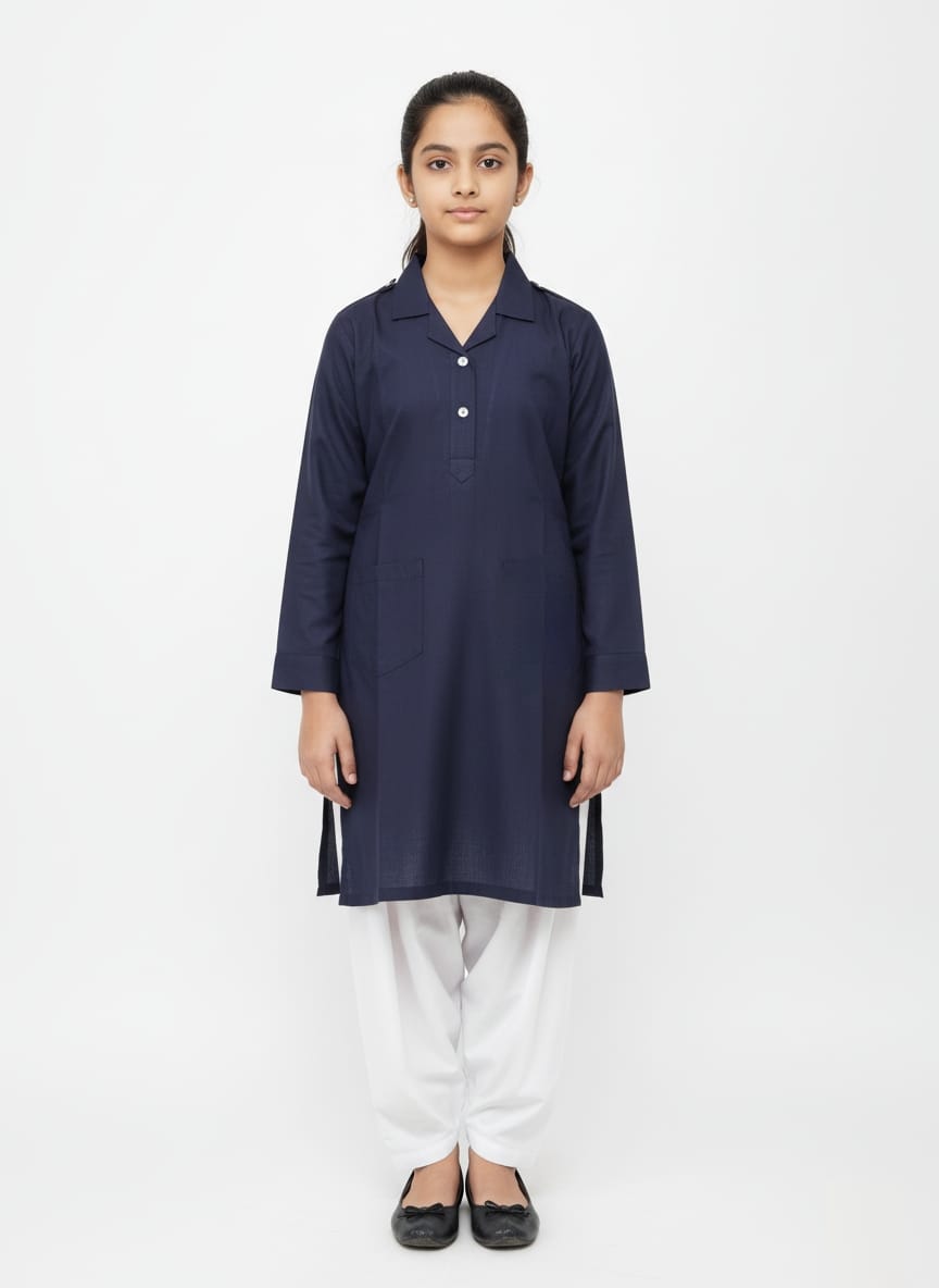Navy Blue Qameez-White Shalwar-Sute