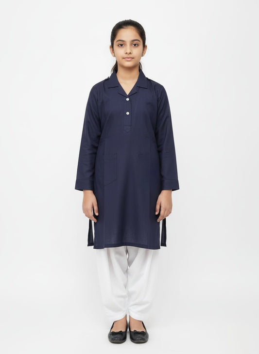 Navy Blue Qameez-White Shalwar-Sute